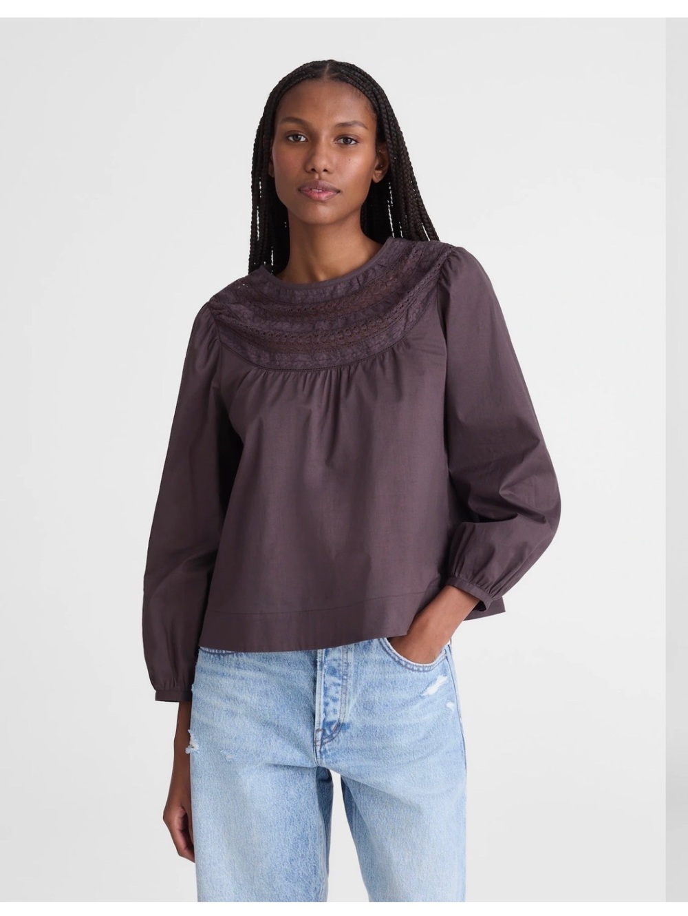 Madewell Lace-Insert High-Neck Top XS Chocolate Plum Lace Cotton Blouse NWT